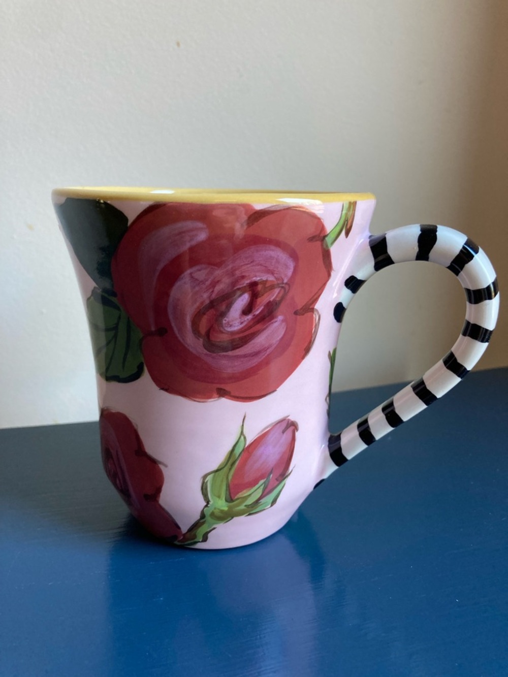 Droll Designs 2009 Hand Painted Pink Rose/Floral Mug Coffee Tea Cup